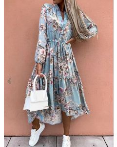 Blue Floral Single Breasted Ruffle Drawstring Long Sleeve Sweet Midi Dress