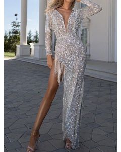 Silver Sequin Tassel Irregular Plunging Neckline Elegant Bodycon Prom Evening Party Maxi Dress