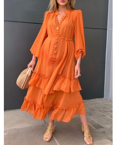 Orange Single Breasted Ruffle Belt V-neck Sweet Maternity Maxi Dress
