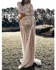 Weißes Patchwork-Spitze rückenfreies langärmliges elegantes Maxi-Hochzeitskleid für Schwangere