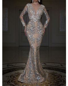 Silver Sequin Bronzing Plunging Neckline Elegant Bodycon Banquet Maxi Dress