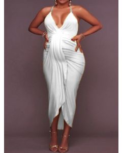 White Condole Belt Irregular Ruched Off Shoulder V-neck Fashion Maternity Maxi Dress