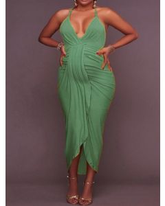 Green Condole Belt Irregular Ruched Off Shoulder V-neck Fashion Maternity Maxi Dress