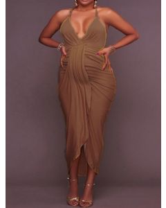 Brown Condole Belt Irregular Ruched Off Shoulder V-neck Fashion Maternity Maxi Dress