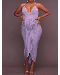 Purple Condole Belt Irregular Ruched Off Shoulder V-neck Fashion Maternity Maxi Dress