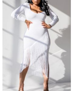 White Tassel Irregular V-neck Fashion Maternity Bodycon Midi Dress