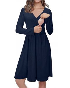 Mini vestido cruzado en el pecho drapeado multifuncional para lactancia con cuello en V informal para maternidad azul marino