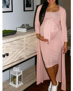 Pink Belt Lace-up Two Piece Square Neck Elegant Bodycon Maternity Midi Dress