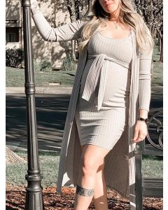 Grey Belt Lace-up Two Piece Square Neck Elegant Bodycon Maternity Midi Dress