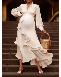 White Irregular Cascading Ruffle Belt Cross Chest V-neck Elegant Maternity Maxi Dress