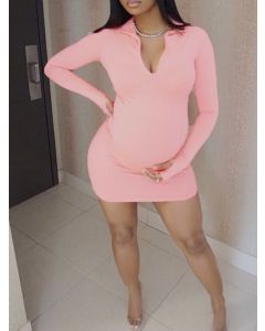 Pink Zipper Pregnancy Long Sleeve Fashion Bodycon Maternity Mini Dress