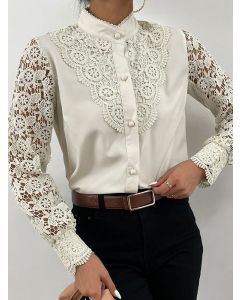 Apricot Patchwork Lace Single Breasted Long Sleeve Fashion Blouse