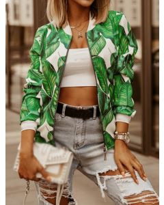 Green Leaves Print Zipper Round Neck Long Sleeve Fashion Jacket