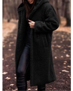 Black Buttons Pockets Hooded Long Sleeve Fashion Wool Coat