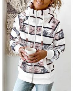 White Striped Floral Zipper Drawstring Pockets Hooded Fashion Sweatshirt