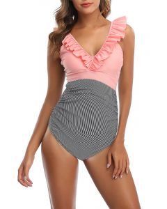 Pink Patchwork Striped Condole Belt Ruffle One Piece V-neck Fashion Maternity Swimwear