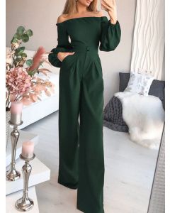 Green Pockets Off Shoulder Long Sleeve High Waisted Fashion Maternity Long Jumpsuit
