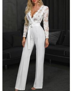 White Patchwork Lace Belt Cross Chest Long Sleeve High Waisted Fashion Long Jumpsuit