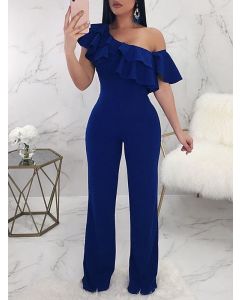 Blue Ruffle Asymmetric Shoulder Short Sleeve High Waisted Fashion Maternity Long Jumpsuit
