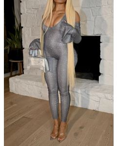 Grey Glitter Off Shoulder V-neck Flare Sleeve Fashion Maternity Long Jumpsuit