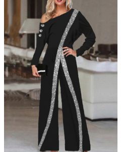 Black Patchwork Sequin Off Shoulder Long Sleeve High Waisted Fashion Wide Leg Jumpsuit