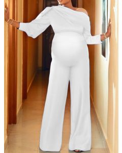 White Off Shoulder Long Sleeve High Waisted Fashion Plus Size Maternity Long Jumpsuit