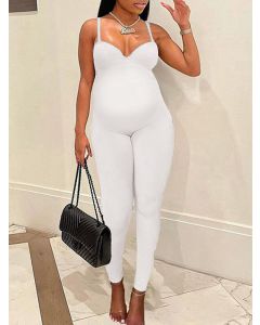 White Condole Belt Off Shoulder V-neck High Waisted Fashion Maternity Long Jumpsuit