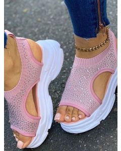 Pink Round Toe Wedges Rhinestone Fashion Platform Sandals