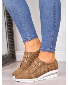 Brown Round Toe Wedges Elastic Band Casual Platform Sneakers