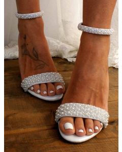 Sandalias tobillo de moda de diamantes de imitación de punta redonda blanco