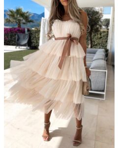 Apricot Grenadine Belt Cascading Ruffle Off Shoulder Big Swing Sleeveless Fashion Maxi Dress