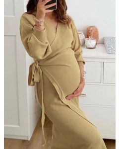 Khaki Lace Up Side Slit Long Sleeve Casual Maternity Maxi Sweater Dress