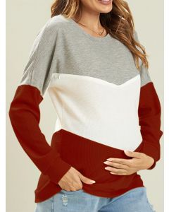 Red Patchwork Color Block Multi-Functional Breast Feeding Long Sleeve Casual Maternity Nursing T-Shirt