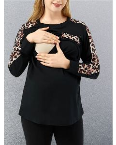 Black Patchwork Leopard Pockets Multi-Functional Breast Feeding Long Sleeve Casual Maternity Nursing T-Shirt