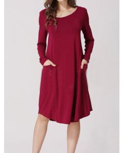 Wine Red Pockets Draped Multi-Functional Breast Feeding Long Sleeve Casual Maternity Nursing Dress