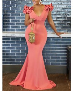 Pink Cascading Ruffle Bodycon Backless V-neck Fashion Maxi Dress
