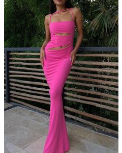 Rose Carmine Condole Belt Cut Out Irregular Slit Bodycon Sleeveless Fashion Maxi Dress