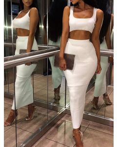 White Condole Belt Crop 2-in-1 Bodycon Sleeveless Fashion Maxi Dress