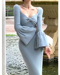 Blue Bow Ruffle Bodycon Crochet Flare Sleeve Elegant Maxi Sweater Dress