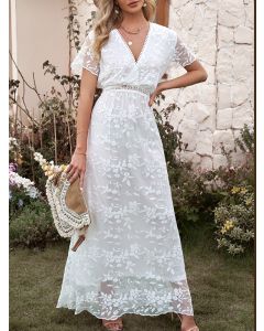 White Flowers Lace Cross Chest A-Line V-neck Elegant Maxi Dress