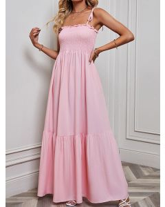 Pink Condole Belt Ruffle Lace-up Off Shoulder Big Swing Sleeveless Sweet Maxi Dress