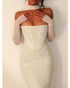 White Patchwork Grenadine Cut Out Bodycon Long Sleeve Fashion Midi Dress