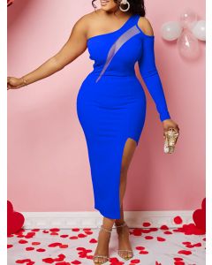 Blue Patchwork Grenadine Asymmetric Shoulder Side Slit Bodycon Long Sleeve Fashion Midi Dress