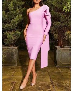 Pink Bow Asymmetric Shoulder One-shoulder Bodycon Long Sleeve Fashion Midi Dress