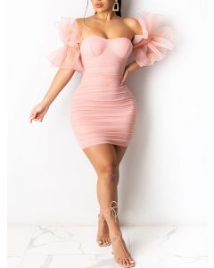 Pink Bandeau Ruffle Off Shoulder Bodycon Sleeveless Sweet Mini Dress