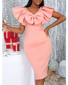 Pink Ruffle Bow Bodycon Plus Size V-neck Elegant Mini Dress