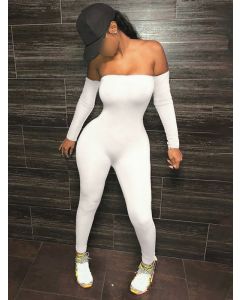 White Off Shoulder Bodycon Long Sleeve High Waisted Fashion Long Jumpsuit