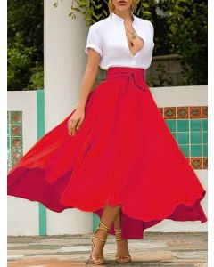 Red Belt Pockets Big Swing High Waisted Fashion Maxi Skirt