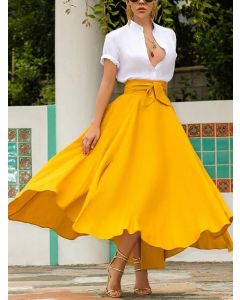 Yellow Belt Pockets Big Swing High Waisted Fashion Maxi Skirt