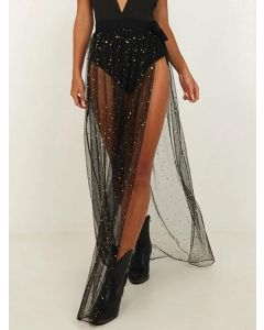 Black Sequin Grenadine Side Slit Lace Up High Waisted Fashion Maxi Skirt